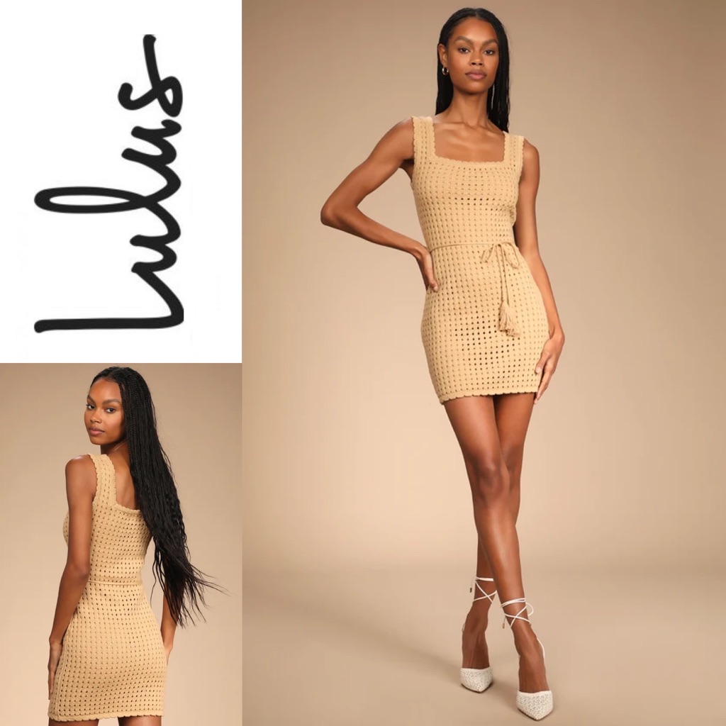 Nwt Lulus Free And Breezy Camel Knit Mini Sweater Dress